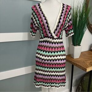 Y2k Guess Zig Zag Pattern Dress SZ Large Multicolor V-Nexk Coquette Knit GUC